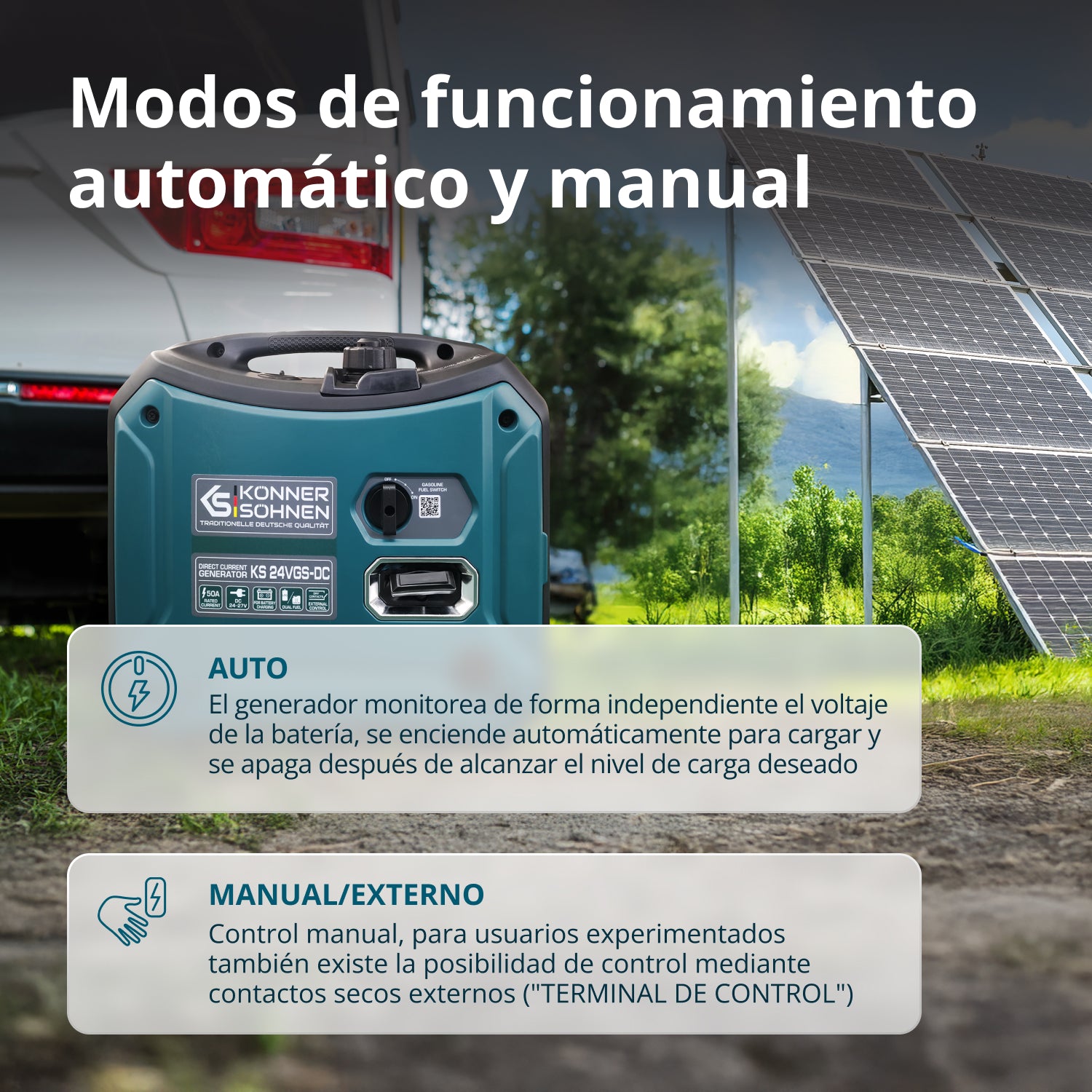 Generador de corriente continua con sistema dual de combustible KS 24VGS-DC