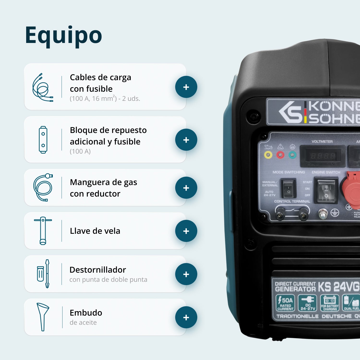 Generador de corriente continua con sistema dual de combustible KS 24VGS-DC