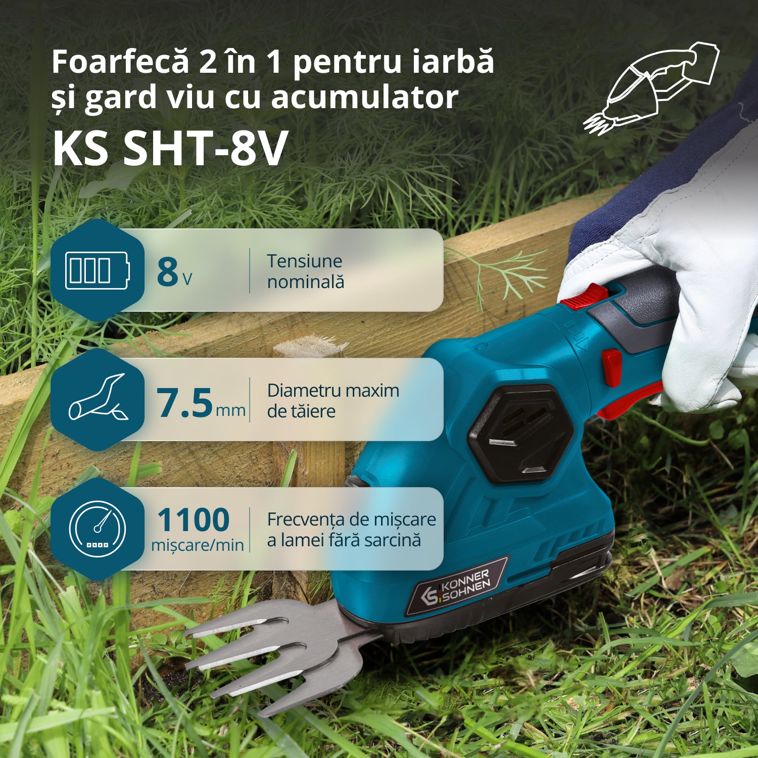 Foarfecă 2 în 1 pentru iarba si gard viu cu acumulator KS SHT-8V