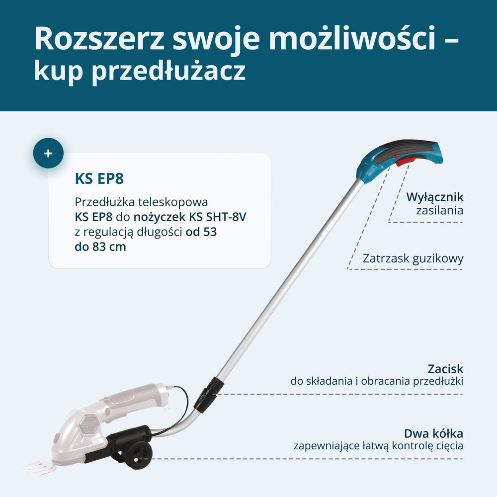 Akumulatorowe nożyce do trawy i żywopłotu 2 w 1 z przedłużaczem teleskopowym KS SHT-8V + Extension Pole