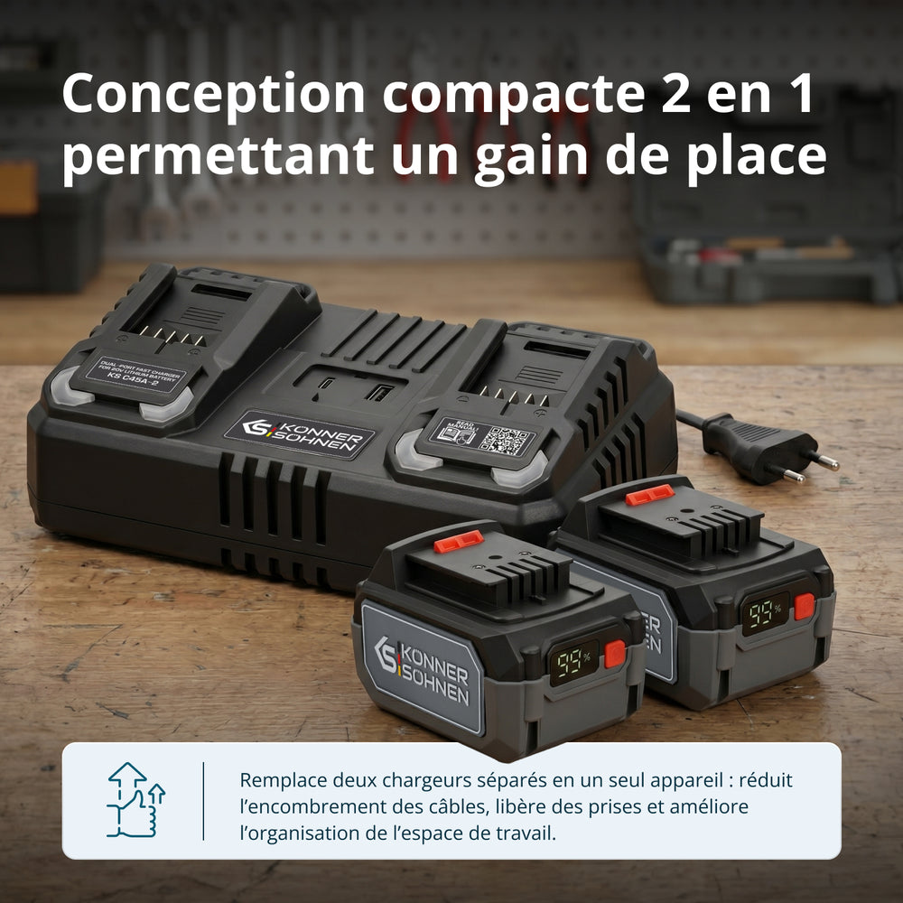 Chargeur double pour batteries rechargeables 20V KS C45A-2