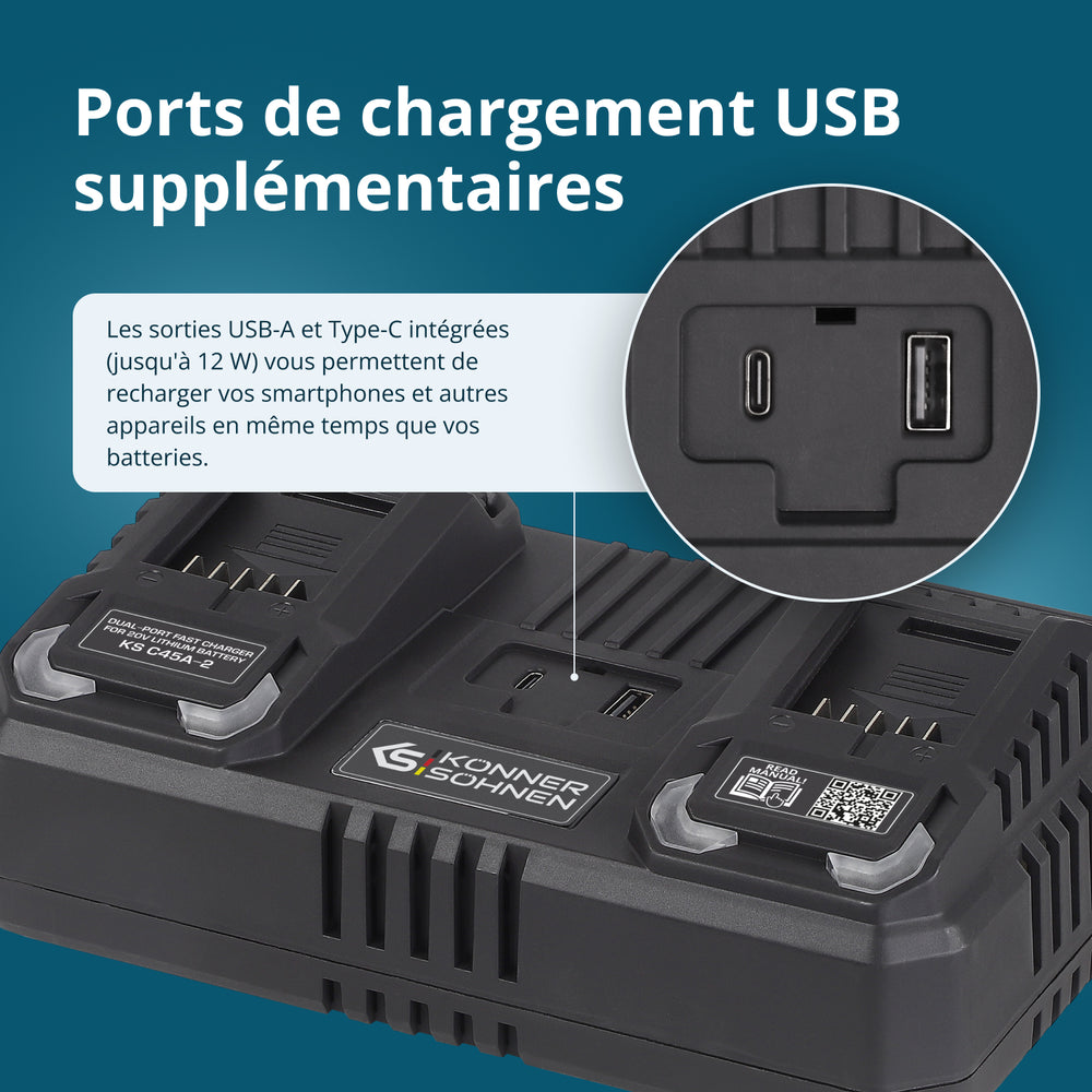 Chargeur double pour batteries rechargeables 20V KS C45A-2