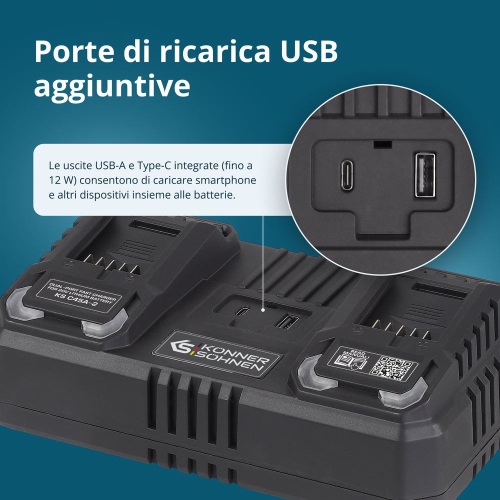 Caricabatterie doppio per batterie ricaricabili 20V KS C45A-2